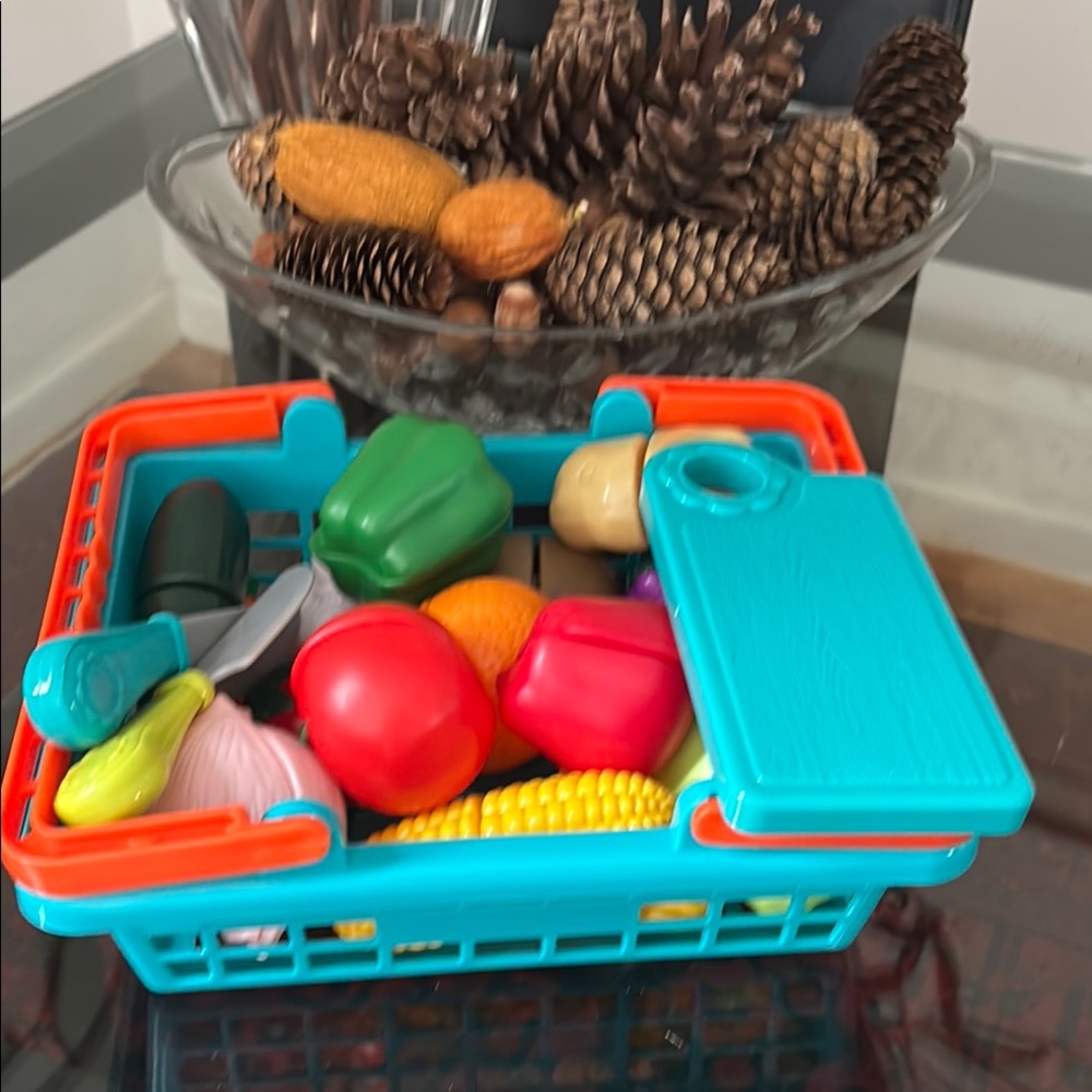 37-Piece Toddler Play Food Set Teal Orange Basket Fruits Veggies